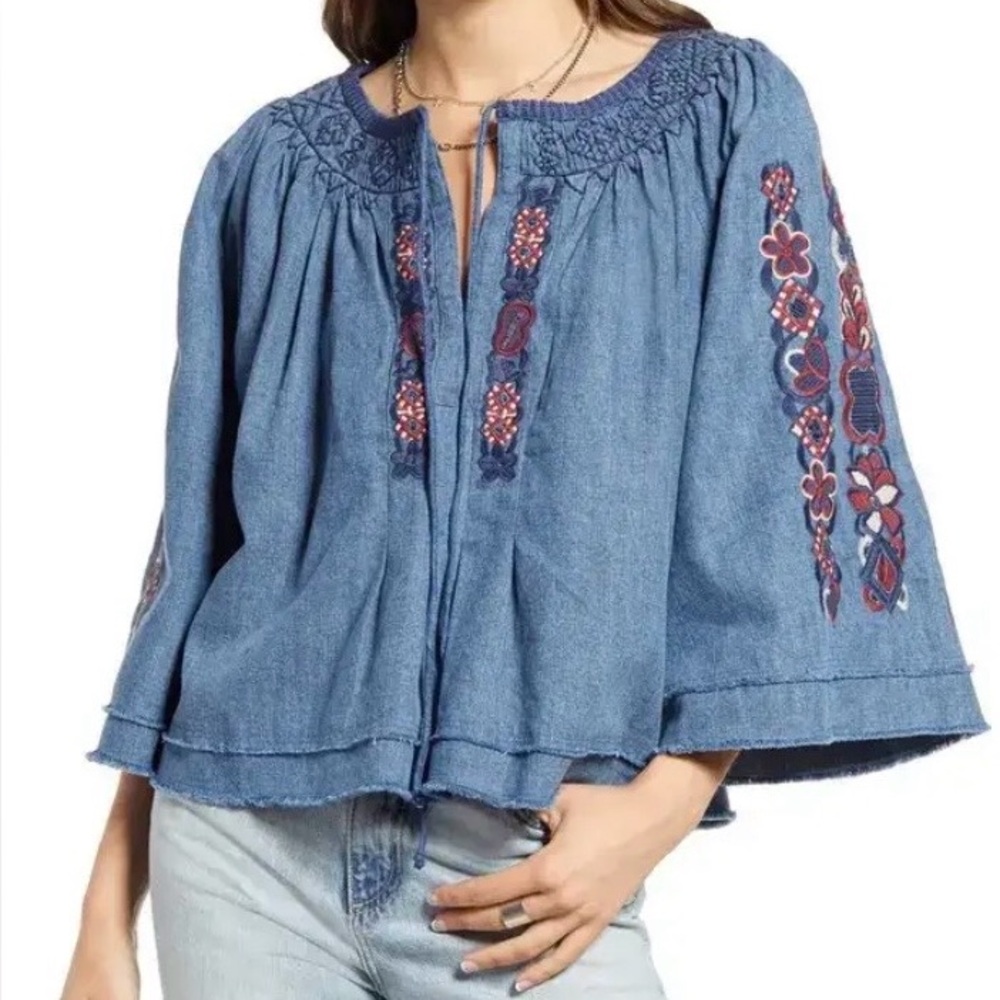 Free People Sun Valley Embroidered Denim Blouse - Picture 2 of 9